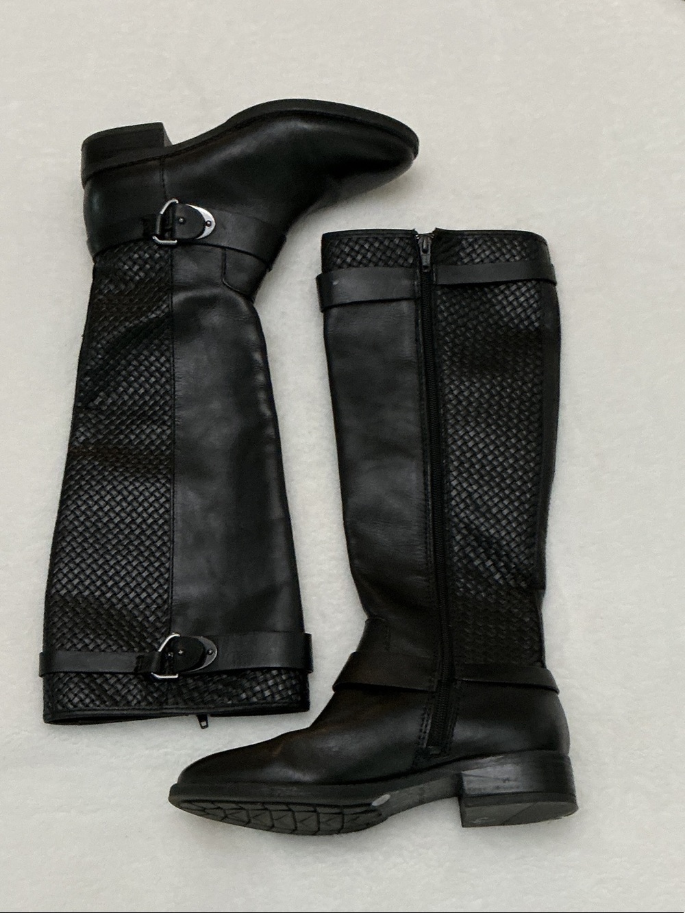 ANTONIO MELANI Black Woven-Panel Knee-High Heeled Boots